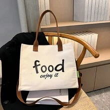 1入組女性大容量時尚帆布字母圖案單肩托特包 - 米色 - 查看 5