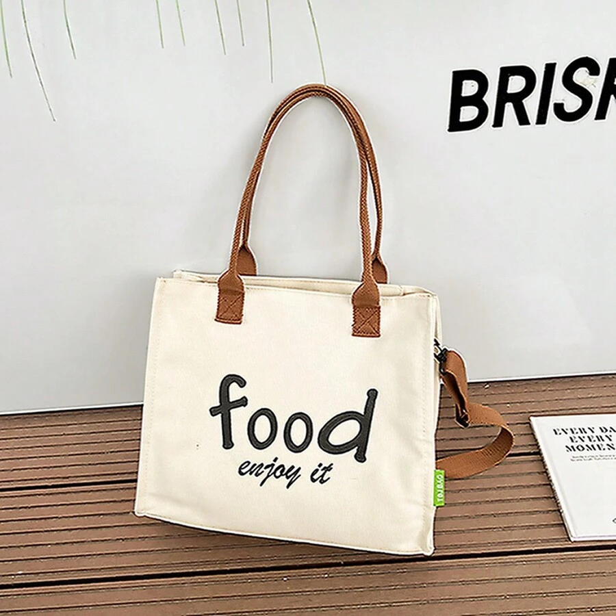 1入組女性大容量時尚帆布字母圖案單肩托特包 - 米色 - 查看 1