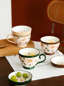 一個500毫升綠色山茶花早餐杯,山茶花早餐杯,帶蓋、湯匙、咖啡杯、高質感水杯、家用燕麥杯禮物的大容量陶瓷杯 - 綠色 - 查看 6