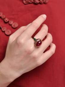 1 件復古奢華 925 純銀琺瑯可調節戒指,配有優雅的大紅色寶石,非常適合女士日常佩戴、晚宴或婚禮 - 酒紅色 - 查看 10