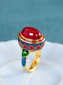 1 件復古奢華 925 純銀琺瑯可調節戒指,配有優雅的大紅色寶石,非常適合女士日常佩戴、晚宴或婚禮 - 酒紅色 - 查看 3