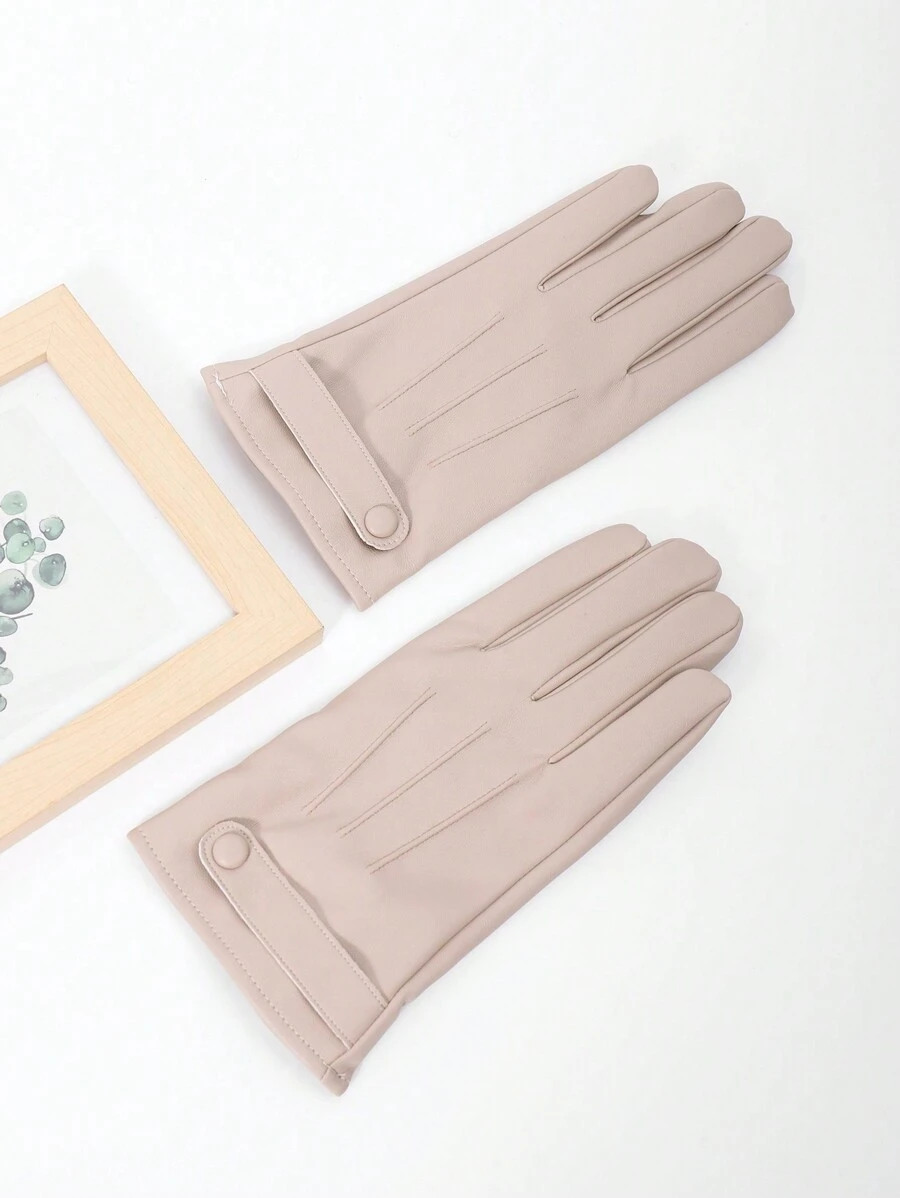 1雙杏色pu皮手套 短款對比拼接配毛絨內裡手套 防水觸屏手套 - 白色 - 查看 1