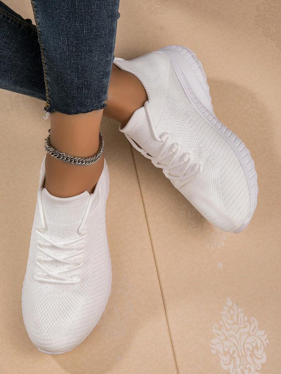 女士輕便透氣粗跟鞋,白色休閒增高網布運動跑步鞋 - 白色 - 查看 1