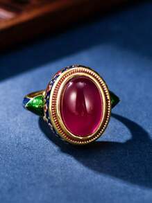 1 件復古奢華 925 純銀琺瑯可調節戒指,配有優雅的大紅色寶石,非常適合女士日常佩戴、晚宴或婚禮 - 酒紅色 - 查看 4