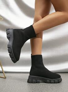 Botas Hasta El Tobillo De Punto Sólido Para Mujer De Otoño E Invierno Con Punta Redonda De Punto Negro, Botas De Tobillo De Punto Resistente En Color Sólido - Negro - Ver 4