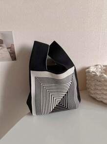 1 件女士几何图案复古双色手提包，高端时尚手提包，适合旅行、工作、休闲、度假、优雅、韩式/欧式/日式风格、学生可爱、秋冬配饰、化妆包、通勤包 - 黑與白 - 查看 3