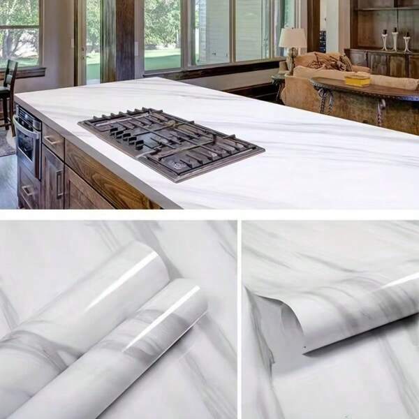 1 Roll White Marble Pattern Wallpaper, Thick Waterproof Pvc Self-adhesive Wall Sticker For Kitchen, Cabinet, Furniture, Home Decoration, Aluminum Foil Removable Wallpaper