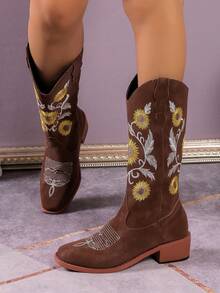 Botas Hasta La Rodilla Bordadas Marrones - Marrón - Ver 3