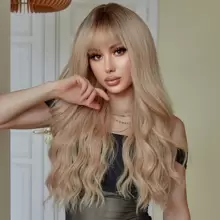漸變棕色金髮長捲髮 24 英寸有劉海長合成高溫纖維自然性感優雅浪漫女性日常使用角色扮演派對度假