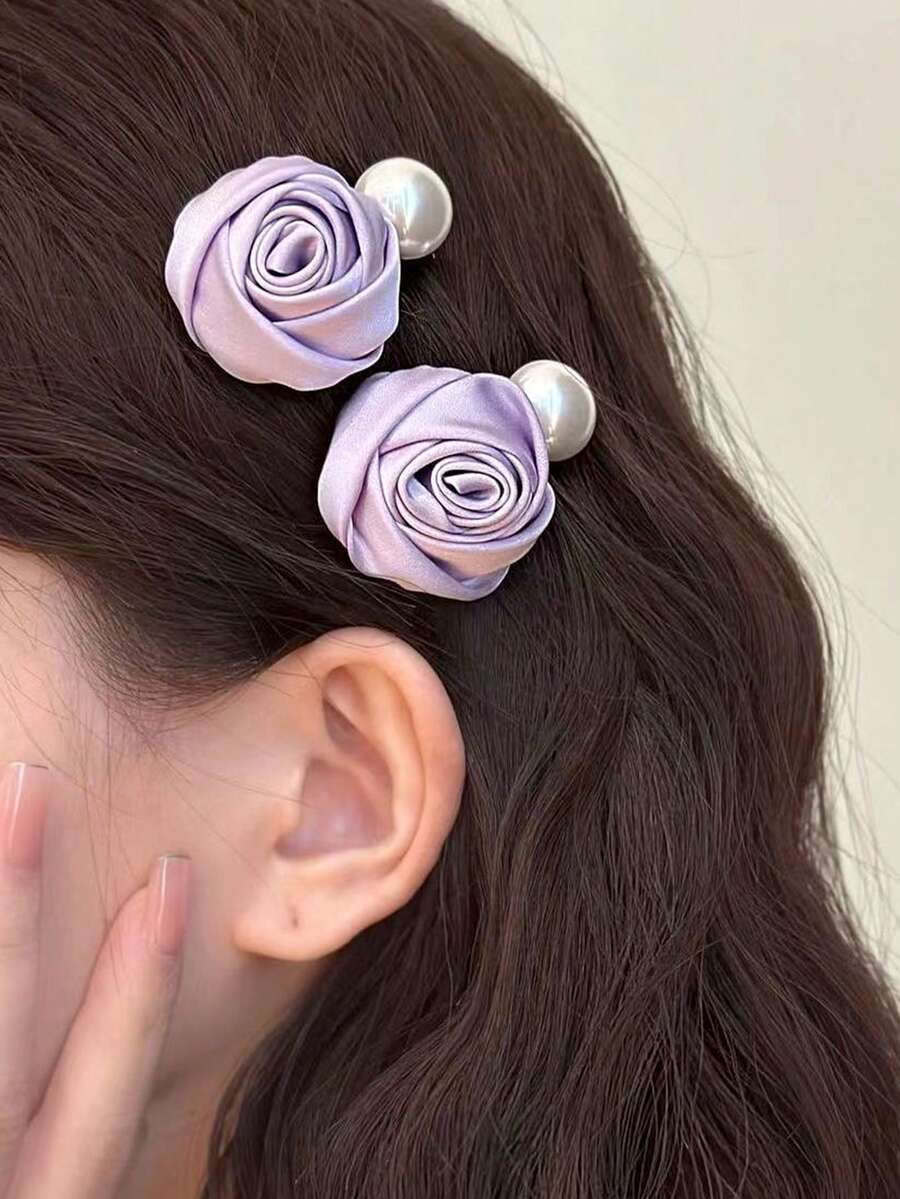 2入組少女珍珠玫瑰花髮夾,高品質布藝藝術髮夾適用於約會場合