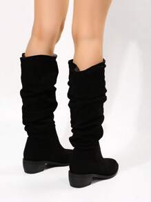 Women's All-Match Straight Tube High Boots With Thick Heels, Wide Leg And Glue-On Design. The Euorpean And American Style Solid Colored Boots Are Decorated With Wrinkled Retro Pointed-Toe Fashionable Boots - Black - View 2