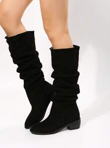 Women's All-Match Straight Tube High Boots With Thick Heels, Wide Leg And Glue-On Design. The Euorpean And American Style Solid Colored Boots Are Decorated With Wrinkled Retro Pointed-Toe Fashionable Boots - Black - View 5