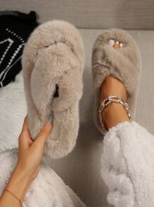 女式 2024 舒适厚底交叉带保暖室内拖鞋 - 卡其色 - 查看 1