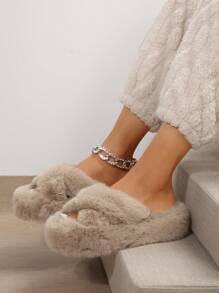 女式 2024 舒适厚底交叉带保暖室内拖鞋 - 卡其色 - 查看 3