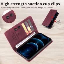 1 pieza Funda de cartera de estilo empresarial roja con ranuras para tarjetas y función de ventosa, cubierta protectora antideslizante compatible con iPhone, , y modelos Redmi - Burdeos - Ver 6