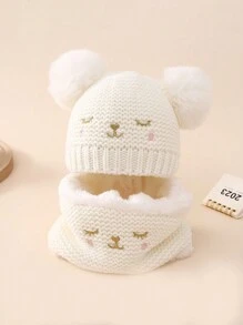 2 件裝白色 Y2k 風格兒童帽子套裝,帶 Pom Pom 針織帽 + 圍巾,日常通勤戶外冬季配飾 - 白色 - 查看 1