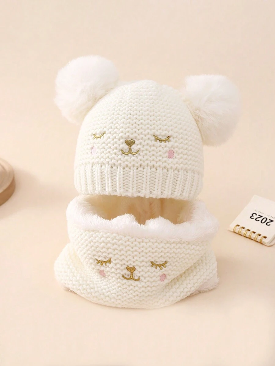 2 件裝白色 Y2k 風格兒童帽子套裝,帶 Pom Pom 針織帽 + 圍巾,日常通勤戶外冬季配飾 - 白色 - 查看 1