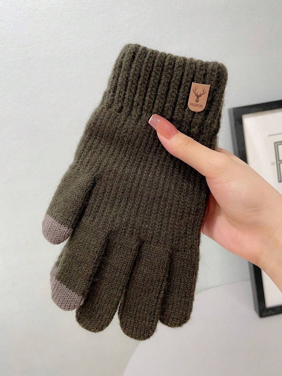 1pc Men's Warm Knitted & Gloves With Touch Screen Function For Outdoor Activities - Army Green - View 1