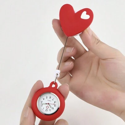 1pc Nurses' Watch With Cartoon Heart Shaped Silicone Case, Easily Buckled Strap, Clear Large Dial, With Timekeeping Function, For Doctors And Nurses In Red Valentines