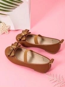 1pair Girls' Shoes With Flower Decorated Toe, Elastic Lace And Easy On-Off Heel Design, Flat And Versatile For Spring And Autumn Seasons - Brown - View 2
