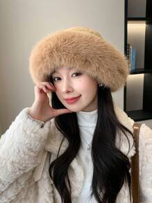 羽绒面料女士针织帽，带兔毛球 - 卡其色 - 查看 1