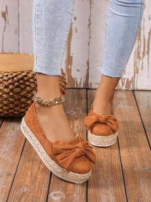Women's Bow Knot Decorated Jute Rope Insole Straw Bottom Thick-Soled Shoes, Spring And Autumn Raffia Braid Thick-Soled Shoes - Brown - View 1