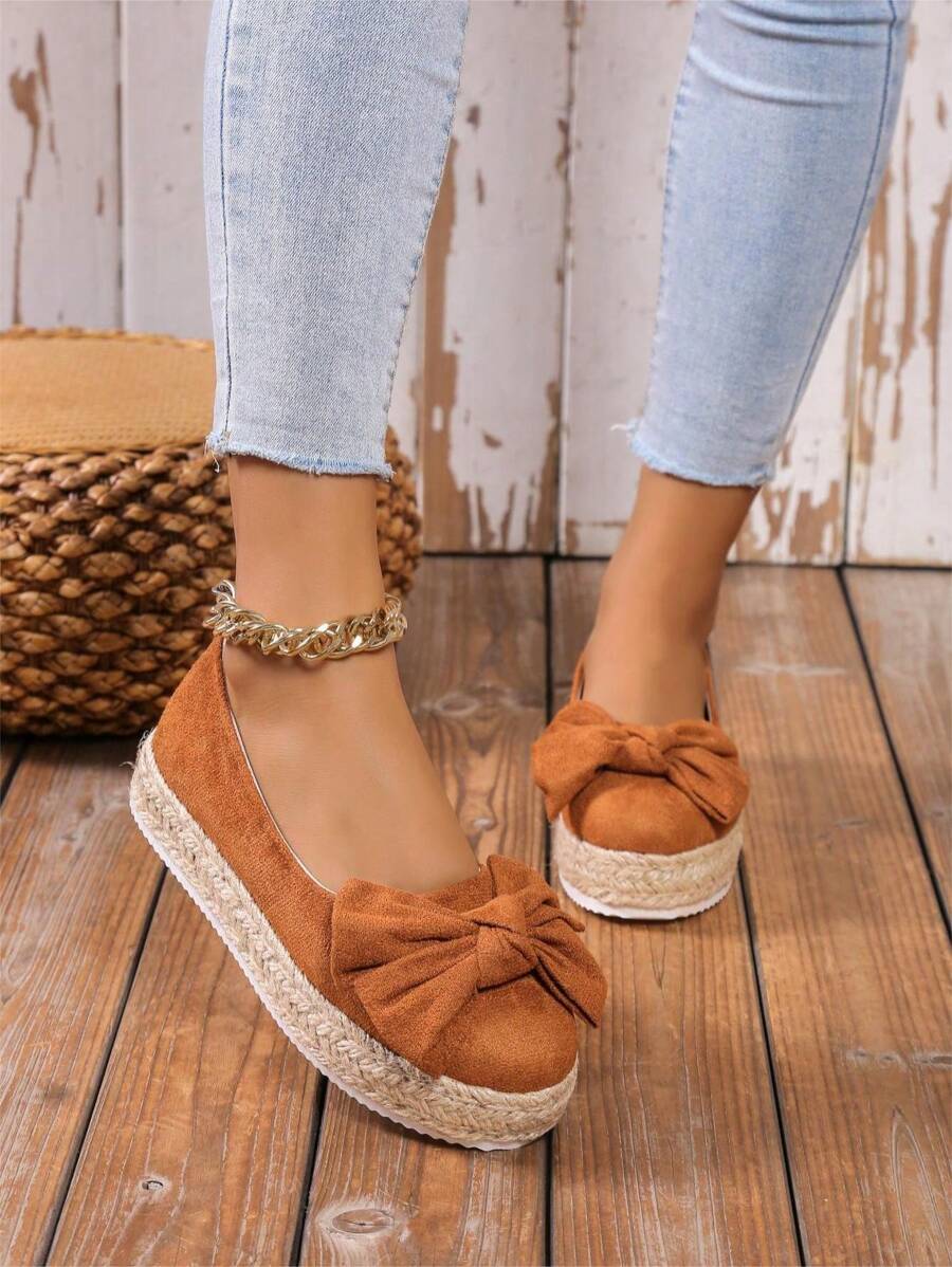Women's Bow Knot Decorated Jute Rope Insole Straw Bottom Thick-Soled Shoes, Spring And Autumn Raffia Braid Thick-Soled Shoes - Brown - View 1