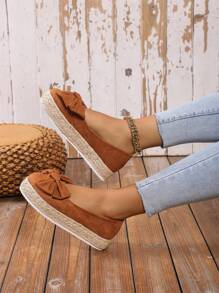 Women's Bow Knot Decorated Jute Rope Insole Straw Bottom Thick-Soled Shoes, Spring And Autumn Raffia Braid Thick-Soled Shoes - Brown - View 2