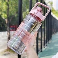 1pc 2000ml Pink Large Capacity Graduated Plastic Cup For Men/Women Fitness Sports Straw Cup With Handle, Bounce Cover Drinking Bottle - Pink - View 9