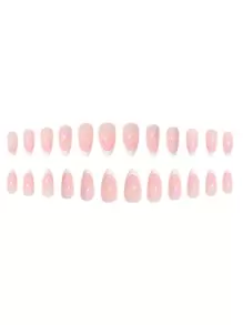 24pcs Short Almond Shaped False Nails, Pink Heart & Waterdrop French Nail Tips, Cute Manicure Set With 1pc Jelly Gel And 1pc Nail File Press On Nails Nail Supplies - Pink - View 4