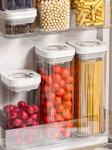 1pc Square One-button Press Kitchen Storage Canister, Sealed Container For Grains, Plastic Candy Box, Transparent Organizer - White - View 5