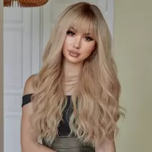漸變棕色金髮長捲髮 24 英寸有劉海長合成高溫纖維自然性感優雅浪漫女性日常使用角色扮演派對度假
