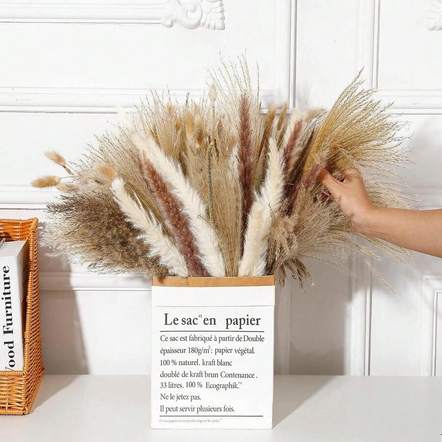 32/67/103 件干蒲苇装饰，波西米亚风家居装饰，迷你兔尾干花，蓬松草花束，适合婚礼、餐桌、乡村派对、婴儿洗礼装饰、秋季装饰、秋季