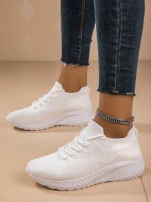 女士輕便透氣粗跟鞋,白色休閒增高網布運動跑步鞋 - 白色 - 查看 3
