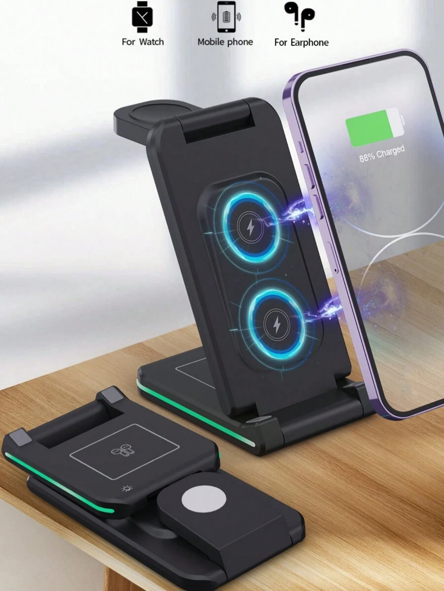 1入組黑色15w 5合1可摺疊式無線充電支架,帶夜燈、雙線圈可攜式手機充電座 - 黑色 - 查看 1