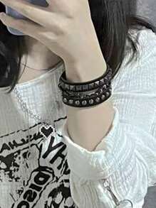 Bracelet De Cosplay Lolita Harajuku Japonais, Bracelet en PU Masculin-féminin Cool À Rivets Punk Rock, Chaîne Noire Et Métal Pour Couple Décoratif Branché Et À La Mode