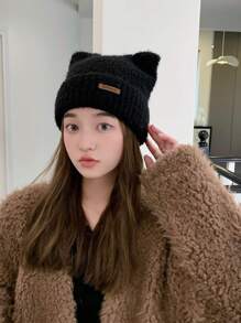 1頂女式針織帽,配有皮革標籤和耳朵細節,粉色休閒毛絨帽,適用於冬季日常使用,可愛 - 粉色 - 查看 7