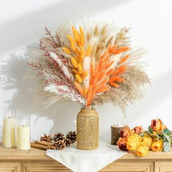 95pcs/Set Natural Dried Pampas Grass Bouquet For Bohemian Home Decor, Mixed Dried Flowers For Wedding Decoration, Pampas Grass Bouquet, Autumn Farmhouse Rural Decor, Orange Bunny Tail Flower Bunch For Halloween Party Decor,Fall Decor,Autumn,Fake Plants