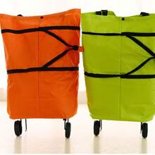 1pc Foldable Shopping Bag With Wheels For Home Use Portable Trolley Bag With Large Capacity Grocery Cart - Orange - View 2