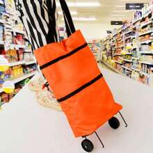 1pc Foldable Shopping Bag With Wheels For Home Use Portable Trolley Bag With Large Capacity Grocery Cart - Orange - View 5