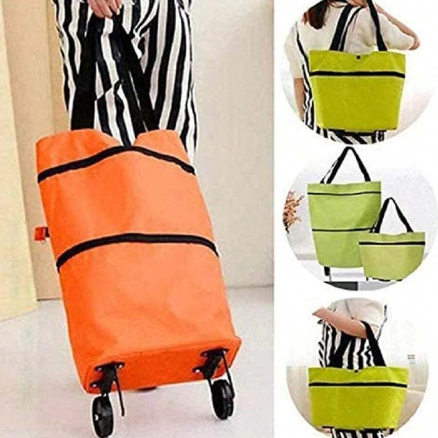 1pc Foldable Shopping Bag With Wheels For Home Use Portable Trolley Bag With Large Capacity Grocery Cart - Orange - View 1