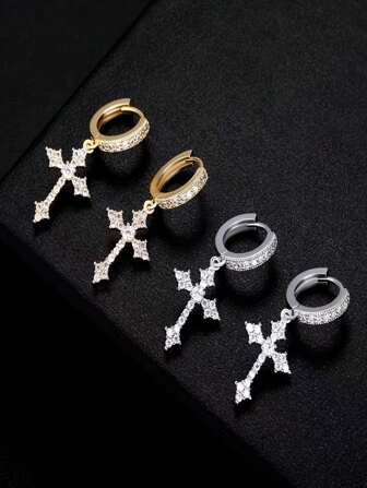 Hip-hop Style Thanksgiving Gift Rhombus Cross Shaped Earrings, Luxurious Inlay Full Diamond Stud Earrings, Suitable For Men And Women Daily Wearing