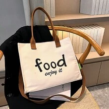 1入組女性大容量時尚帆布字母圖案單肩托特包 - 米色 - 查看 4