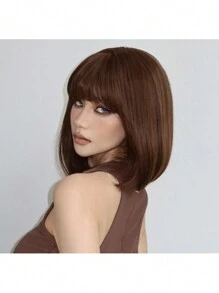 Chestnut Brown Shoulder Length Short Bob Synthetic Wig - Maroon - View 4