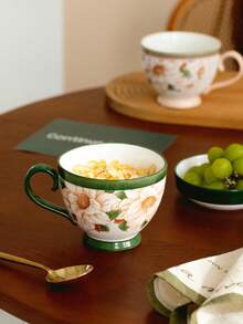 一個500毫升綠色山茶花早餐杯,山茶花早餐杯,帶蓋、湯匙、咖啡杯、高質感水杯、家用燕麥杯禮物的大容量陶瓷杯 - 綠色 - 查看 5