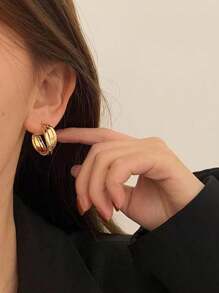 1 Pieza Ear Cuff Con Diseño De Tres Anillos Unidos Chapados En Oro Con Aguja De Plata 925, Joyería De Oreja Elegante Y Versátil Para Mujeres - Dorado - Ver 3