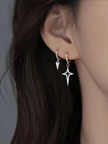1对不锈钢不对称十字星耳环 - 女士时尚耳钉，独特垂坠耳环，简约奢华夹式耳环，单色简约耳环 - 銀色 - 查看 2