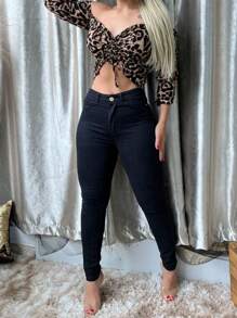 Calça Jeans Feminina Skinny Com Lycra Preta Linha Gold