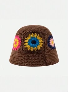 1入女士啡色粗針編織向日葵鬆軟貝雷帽，手工編織保暖帽適合秋冬日常穿搭 - 棕色 - 查看 7