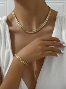 2pcs/set Street Style Women's Stainless Steel Necklace And Bracelet Set, Chunky Lock Chain For Aesthetic Look